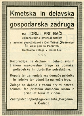 Oglas Kmetijske in delavske gospodarske zadruge na Idriji pri Bači objavljen v Koledarju Goriške Mohorjeve družbe za leto 1926.