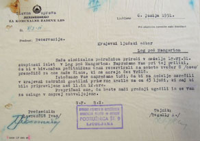 Najava večje skupine turistov, ki je obiskala Log pod Mangartom leta 1951. (Arhiv PANG)