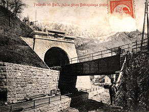 Razglednica južnega vhoda v Bohinjski predor iz leta 1906 Razglednica južnega vhoda v Bohinjski predor iz leta 1906