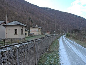 A road parallel to the Baca River and the tracks also runs on the embankment. A road parallel to the Baca River and the tracks also runs on the embankment.