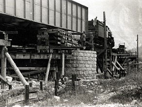 Renovation of the bridge across the Baca River before the Grahovo railway station, 1953. Renovation of the bridge across the Baca River before the Grahovo railway station, 1953.