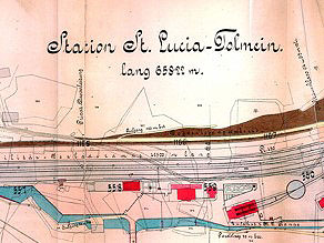 An excerpt from the Bohinj Line plan with the Sveta Lucija - Tolmin (now Most na Soci) railway station. An excerpt from the Bohinj Line plan with the Sveta Lucija - Tolmin (now Most na Soci) railway station.