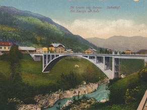 A postcard showing the new concrete bridge to the Sveta Lucija - Tolmin (now Most na Soci) railway station. A postcard showing the new concrete bridge to the Sveta Lucija - Tolmin (now Most na Soci) railway station.