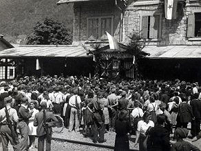 The ceremony in front of the main building when the Bohinj Line was reopened in 1945. The ceremony in front of the main building when the Bohinj Line was reopened in 1945.