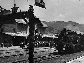 The arrival of the first train at the decorated Most na Soci railway station after the Second World War. The arrival of the first train at the decorated Most na Soci railway station after the Second World War.