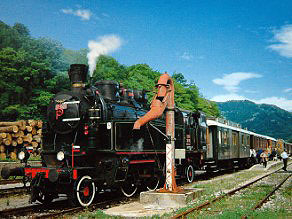 The historic steam engine at the Most na Soci railway station, which has served the Bohinj Line since 1986. The historic steam engine at the Most na Soci railway station, which has served the Bohinj Line since 1986.