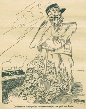 Eno izmed učinkovitejših sredstev propagande je bila nedvomno satirična ilustracija, seveda vedno predvsem na račun sovražnika. (Ilustrirani glasnik, 11. 1. 1917) Eno izmed učinkovitejših sredstev propagande je bila nedvomno satirična ilustracija, seveda vedno predvsem na račun sovražnika. (Ilustrirani glasnik, 11. 1. 1917)