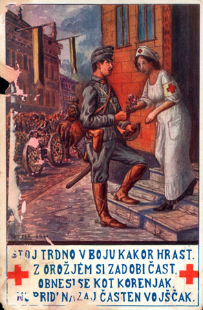 Reklamnim in propagandnim namenom so služile tudi različne razglednice, ki so v serijah izhajale vsa leta vojne. Na njih so bili upodobljeni različni motivi iz vojaškega in civilnega življenja, ponekod pa so jim bili dodani še verzi znanih narodnih pesmi ali različne domoljubne parole. (Arhiv Goriškega muzeja, zbirka razglednic) Reklamnim in propagandnim namenom so služile tudi različne razglednice, ki so v serijah izhajale vsa leta vojne. Na njih so bili upodobljeni različni motivi iz vojaškega in civilnega življenja, ponekod pa so jim bili dodani še verzi znanih narodnih pesmi ali različne domoljubne parole. (Arhiv Goriškega muzeja, zbirka razglednic)