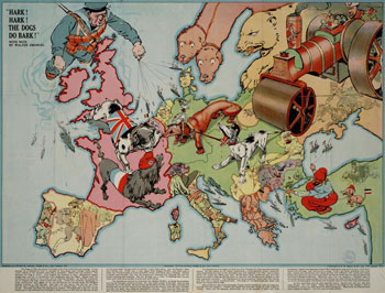 Mappa inglese satirica, stampata nel 1914 che mostra una situazione politica tesa in Europa prima dell'inizio della Grande Guerra. (www.WW1propaganda.com) Mappa inglese satirica, stampata nel 1914 che mostra una situazione politica tesa in Europa prima dell'inizio della Grande Guerra. (www.WW1propaganda.com)