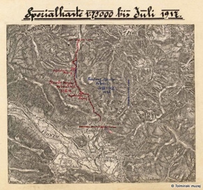 Specialna karta z vrisom do junija 1917 zgrajene ceste. Zbirka Melicher, Tolminski muzej. Specialna karta z vrisom do junija 1917 zgrajene ceste. Zbirka Melicher, Tolminski muzej.